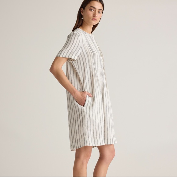 Quince 100% linen Striped Short Sleeve Dress - Neutral Stripes medium - Picture 2 of 7